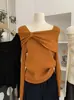 Omalai Punto de un hombro con lazo y manga larga para mujer, otoño e invierno, silueta adelgazante, elegante top básico 5435