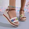 Sandalia de cuña de esparto abierta de verano de estilo étnico bordada de nueva llegada para mujer, talla grande, comercio exterior, suela blanda, versátil, calzado casual