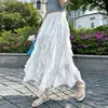 Ropa para Mujer: Falda Larga de Gasa Irregular con Volantes de Encaje en Color Albaricoque para Mujer, Verano, Cintura Alta, Holgada, Línea A