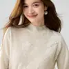 Baicai Veludo 100% Caxemira Pura Novo Estilo Malha Suave Gola Semi-Alta Suéter de Renda Aplique Camada Base Top