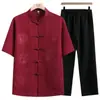 Roupas de Verão Finas Estilo Chinês Tang com Bordado de Caractere Fu para Homens de Meia-idade e Idosos, Estilo Pai