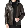 Chaqueta de cuero con forro de terciopelo y capucha desmontable gruesa, abrigo de invierno para hombre, ropa para papá, negocios casual de mediana edad, chaqueta abrigo de cuero PU cálida