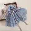 Tecido Plissado Azul Gelo de Verão Laço de Fita de Pérola Prendedor de Cabelo Meio Preso Faixa de Cabelo para Mulheres Estilo Preguiçoso de Verão