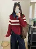 Estilo Coreano e Japonês Conjunto de Duas Peças Outono e Inverno Novo Suéter de Malha com Gola Jeans Feminino Solto Listrado Emagrecedor Camiseta Base Top