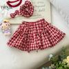 Roupa de Verão para Meninas Nova Moda Infantil Desenho Animado Camiseta de Manga Curta Xadrez Saia Bufante Calças para Meninas