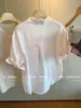 Camisa de lino rosa claro con cuello en V y manga corta para mujer, nuevo estilo de verano, fina, holgada, casual, estilo coreano, moderna, top protector solar