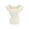 Top Sexy de Chica Caliente con Cuello Cuadrado, Mangas Cortas Ajustadas, Hilo de Encaje Empalmado, Cintura Delgada Ajustada, Camiseta