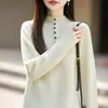 Suéter de punto para mujer con cuello alto abotonado 100% lana pura, prenda de punto tipo pullover en color gris, top casual cálido y versátil, adecuado para usar en capas