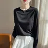 Camiseta básica de malha Tencel, cor sólida, gola redonda, fina, manga longa feminina, top de corte solto, blusa estilosa