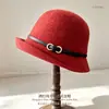 Sombrero de Pescador Estilo Hepburn con Ala Hacia Arriba para Mujer Otoño Invierno Cálido Tejido de Lana Australiana con Hebilla de Ocho Caracteres Cinturón de Cuero Sombrero de Cubo Francés