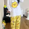 Pijama de primavera y otoño, conjunto de pantalones de manga larga de algodón puro tipo nube, diseño lindo de pollo con agujeros en la nariz estilo niña, delgado y holgado para el verano, para usar como prenda exterior