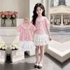 2026 Chal Rayado Manga Corta Estilo Coreano Dulce Adornado con Encaje Falda Corta Tipo Pastel Moda Conjunto de Dos Piezas Suave