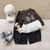 Conjunto de Saia de Renda Estampada e Blusa Estilo Coreano para Meninas Outono, Conjunto de Duas Peças Calça Casual com Punho Estampada de Leopardo Vintage para Crianças