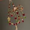 Pingente de Celular com Miçangas de Cristal Coração Vermelho Chaveiro com Laço e Franja Moda Pingente de Bolsa Presente de Natal