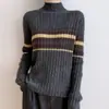 Suéter de Punto Canalé Rayado Bloque de Color Cuello Semi Alto Estilo Coreano para Mujer, Estilo Perezoso, Versátil, Engrosado, Suéter Base Cálido, Moderno