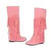 Botas de cor sólida para tamanhos grandes, botas femininas versáteis de cano alto para outono e inverno, sola de borracha, antiderrapantes, botas de comércio exterior, botas slip-on de salto baixo com franjas