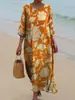 Vestido Midi Feminino Europeu e Americano 2025 Amazon Estampa Floral Artística Retro Gola Redonda Solto Retrô Manga Longa