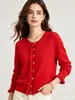 Cárdigan de Punto con Borde Fruncido Estilo Suave para Mujer, Prendas de Abrigo Rojas de Manga Larga con Cuello Redondo para Primavera y Otoño, Venta al por Mayor