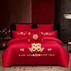 Conjunto de cama de quatro peças para casamento em algodão de fibra longa de luxo, 100% algodão, algodão puro, capa de edredom bordada para casamento, lençol de baixo e fronhas, novo conjunto de cama de seis peças para casamento