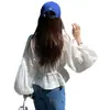 Estilo Chic Coreano 2026 Principios de Primavera y Otoño Nueva Blusa de Gasa con Cuello en V, Cintura con Cordón y Mangas Abullonadas para Mujer
