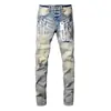 Jeans masculino novo da moda estilo americano transfronteiriço perna reta vintage desbotado respingado de tinta rasgado slim fit skinny