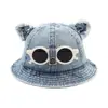 Sombrero de pescador de mezclilla simple para niños, sombrero para el sol de primavera y otoño, gafas de sol de dibujos animados estilo coreano, sombrero de pescador moderno para niños y niñas