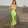 Moda de Comércio Exterior Europeu e Americano Venda Quente Elegante Vestido Longo de Cetim Transfronteiriço Sexy Decote V Profundo Costas Abertas Vestido de Alça Hot Girl