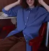 Camisa xadrez azul para mulheres, outono, corte solto, estilo retrô e casual, camisa de manga comprida, versátil e casual, top estilo preppy