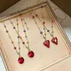 Collar Delgado de Color Macarrón Estilo Girly con Cuentas de Cristal para Mujer, Cadena para Clavícula con Colgante de Corazón Rojo y Piedra Redonda de Moda de Lujo Ligero