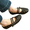 Sapatos Femininos Rasos de Bico Redondo com Tiras Duplas Estilo Retro Francês, Sapatilhas de Couro Genuíno com Tachas, Sapatos Estilo Mary Jane Vovó