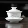 Juego de Té Gaiwan de Tres Piezas con Tazón Único para Infusión, Gaiwan de Porcelana Blanca Kung Fu, Juego de Té de Cerámica con Tapa y Tazas de Degustación para Dos Tazas