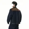 Chaqueta de mezclilla retro americana para hombre, nuevo estilo de otoño, patchwork de gamuza con costuras de contraste, top casual versátil con cuello de solapa