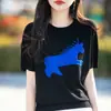 Camiseta de Tricô de Lã Jacquard Pegasus com Gola Redonda Feminina Solta Casual Manga Curta Pulôver Top Fino Dropshipping Douyin
