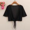 Chal corto de encaje para mujer, abrigo fino de verano, camisa corta con aire acondicionado, cárdigan exterior de manga acampanada y cintura pequeña con huecos finos