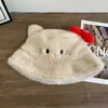 Bonito Sombrero de Pescador de Gato Dulce de Peluche para Mujer en Otoño e Invierno, Protección Cálida para las Orejas, Versátil Sombrero de Cubo que Muestra la Cara con un Pequeño Lazo