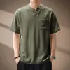 Camiseta de lino para hombre con cuello mao estilo chino, escote en V, manga corta, nueva marca de ropa de trabajo de verano moderna, camiseta Polo de media manga para hombre