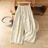 As calças da moda deste ano: calça casual feminina com cintura elástica e barra franzida, calça cropped wide leg estilo coreano para o outono