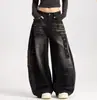 Jeans Preto Wide-Leg Retrô Americano para Mulheres, Calças Quentes Soltas com Forro de Lã para Outono, Calças de Lã com Padrão Cruzado