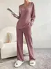 Traje Otoño e Invierno 2025 Transfronterizo Nuevo Hogar Moda Casual Pantalones Rectos Elegante Holgado Cuello en V Raya en Axila Conjunto de Dos Piezas