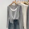 Ropa para Mujer Tallas Grandes: Camisa Base Bloque de Color Falsa de Dos Piezas con un Diseño Único para Primavera y Otoño, Estilo Holgado y Relajado