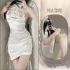 Lencería Sexy Retro, Cheongsam de Tirantes, Transparente con Cortes Laterales, Cuello Halter, Tentación Sexy, No Necesita Quitarse Uniforme Traje de Mujer