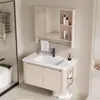Gabinete de baño de aluminio con espacio de almacenamiento lateral, adecuado para baños pequeños, con lavabo cerámico integrado y mueble tocador