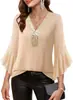 2026 Top de Mujer con Lentejuelas, Manga Acampanada de Tres Cuartos, Bloques de Color, Cuello en V Profundo, Casual, Moda Europea y Americana Transfronteriza para Amazon