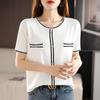 Camiseta Feminina de Verão com Manga Curta de Seda Gelada Linho Algodão Mercerizado Solta Tricô Manga Curta Feminina Gola Redonda Pequeno Aroma Exportação Atacado