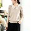 Foto real de top de punto corto de manga corta con cuello de muñeca y encaje de estilo coreano para mujer, adelgazante, versátil, elegante, moderno, nueva colección de otoño