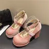 Sapatos Mary Jane Estilo Francês Aumentadores de Altura Primavera e Outono 2024 Salto Alto Salto Bloco Retrô Sola Grossa Novos Sapatos de Casamento Sapatos Mary Jane Rosa
