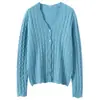 Cardigan de Cashmere com Trança Outono Inverno Feminino Gola V Suéter Casaco Retrô Estilo Solto Preguiçoso Camada Base de Tricô