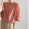 Novo Top de Verão que Cobre a Barriga Feminino Refrescante Soltinho Manga Morcego Costas com Amarração Laço Estampado Floral Camisa Top