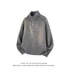 Tejido de punto de media manga con botones y cuello alto para hombre en Otoño e Invierno Gris Estilo Juvenil Casual Americano Talla Grande Tejido de punto