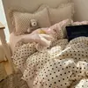 Conjunto de Roupa de Cama Feminino Estilo Coreano de Gaze Dupla Tipo A Quatro Peças Capa de Edredom com Renda Lençol Lençol com Elástico Roupa de Cama 4
